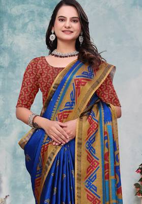 Blue printed art silk designer pallu saree 4