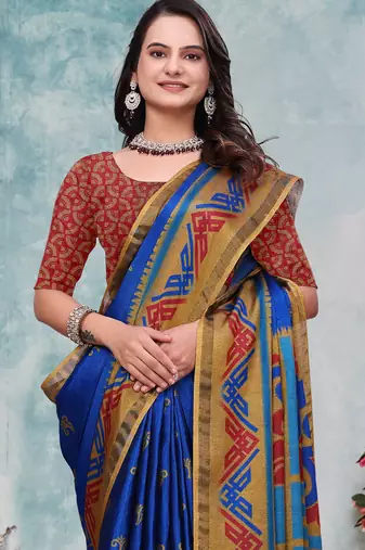 Blue printed art silk designer pallu saree