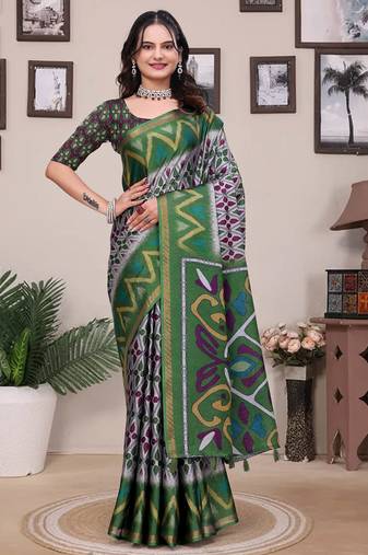 Grey printed art silk designer pallu saree