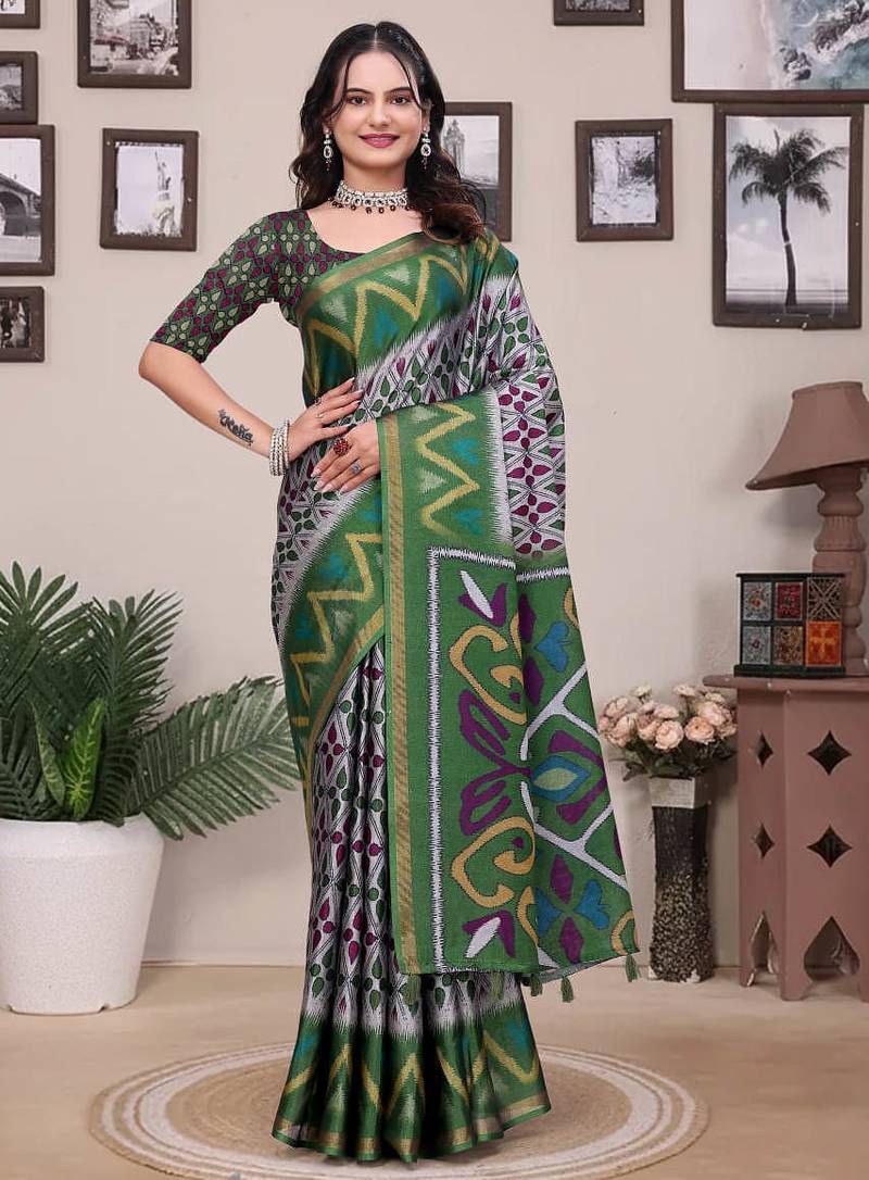 Grey printed art silk designer pallu saree
