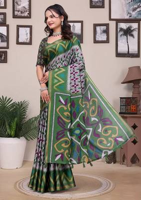 Grey printed art silk designer pallu saree 2