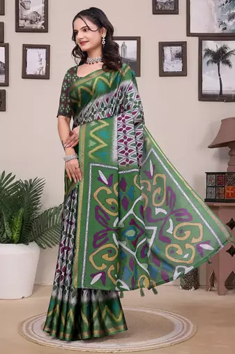 Grey printed art silk designer pallu saree