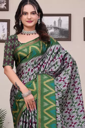 Grey printed art silk designer pallu saree