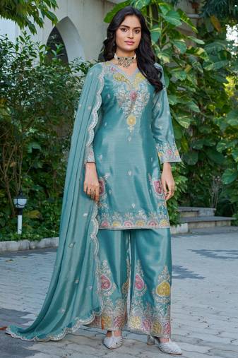 Sky embroidered chinon free size stitched palazzo style salwar suit
