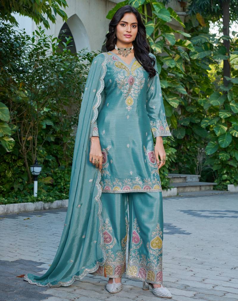 Sky embroidered chinon free size stitched palazzo style salwar suit