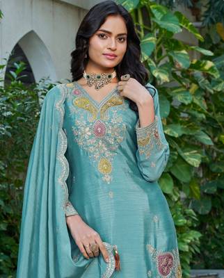 Sky embroidered chinon free size stitched palazzo style salwar suit 2