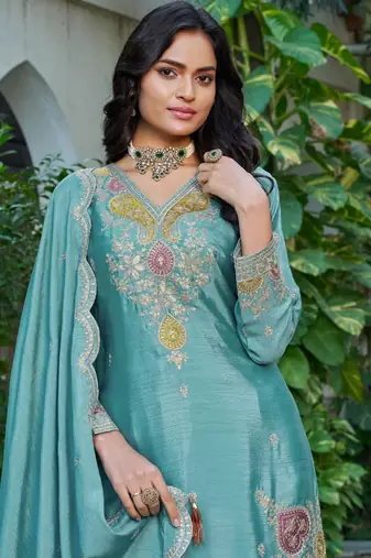 Sky embroidered chinon free size stitched palazzo style salwar suit