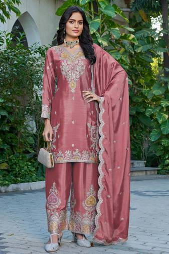 Peach embroidered chinon free size stitched palazzo style salwar suit
