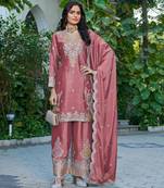 Peach embroidered chinon free size stitched palazzo style salwar suit