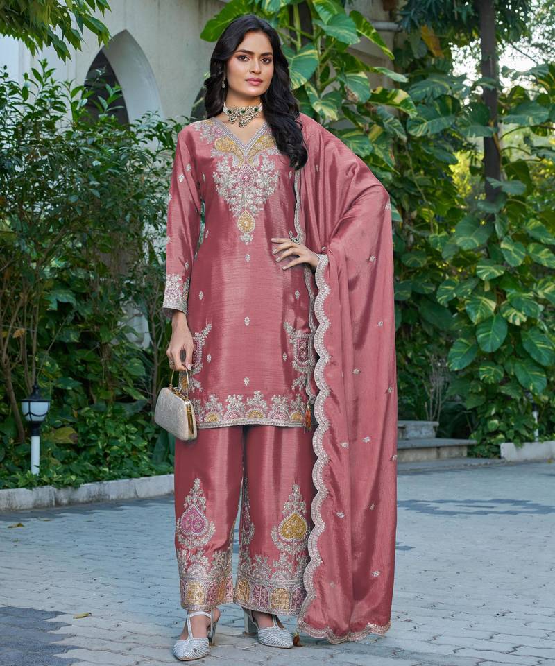 Peach embroidered chinon free size stitched palazzo style salwar suit