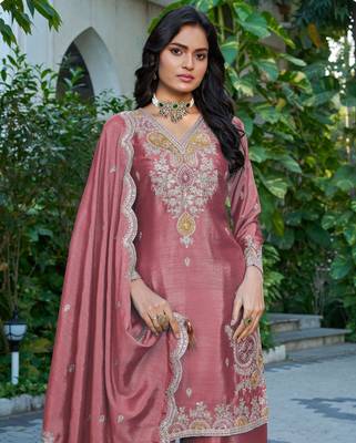 Peach embroidered chinon free size stitched palazzo style salwar suit 2