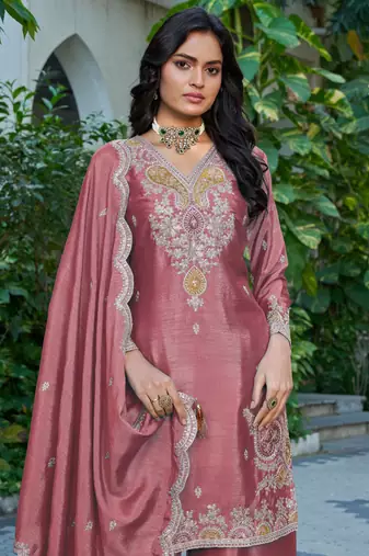 Peach embroidered chinon free size stitched palazzo style salwar suit