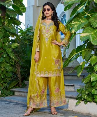 Yellow embroidered chinon free size stitched palazzo style salwar suit 1