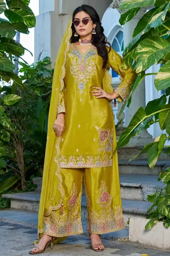 Yellow embroidered chinon free size stitched palazzo style salwar suit