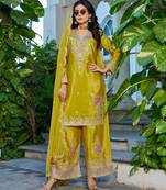 Yellow embroidered chinon free size stitched palazzo style salwar suit
