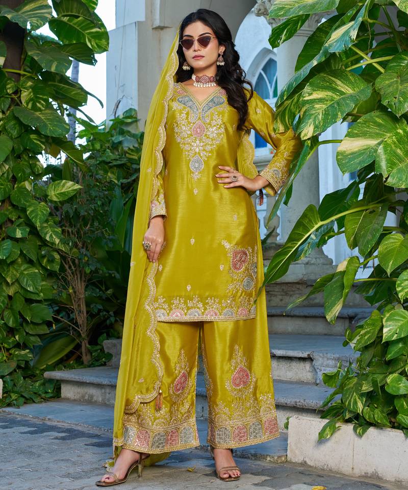 Yellow embroidered chinon free size stitched palazzo style salwar suit