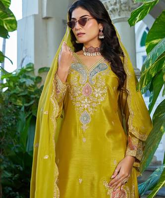 Yellow embroidered chinon free size stitched palazzo style salwar suit 2