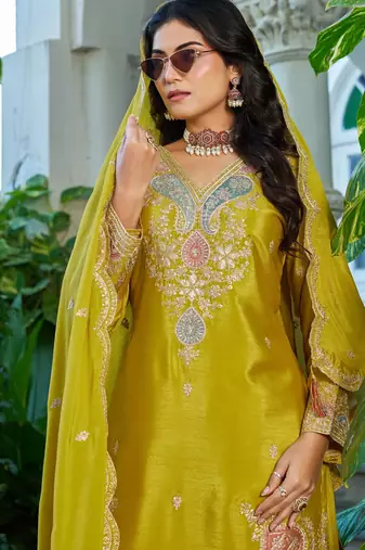 Yellow embroidered chinon free size stitched palazzo style salwar suit