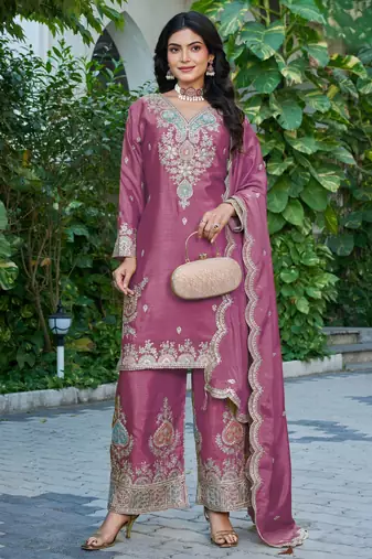 Pink embroidered chinon free size stitched palazzo style salwar suit