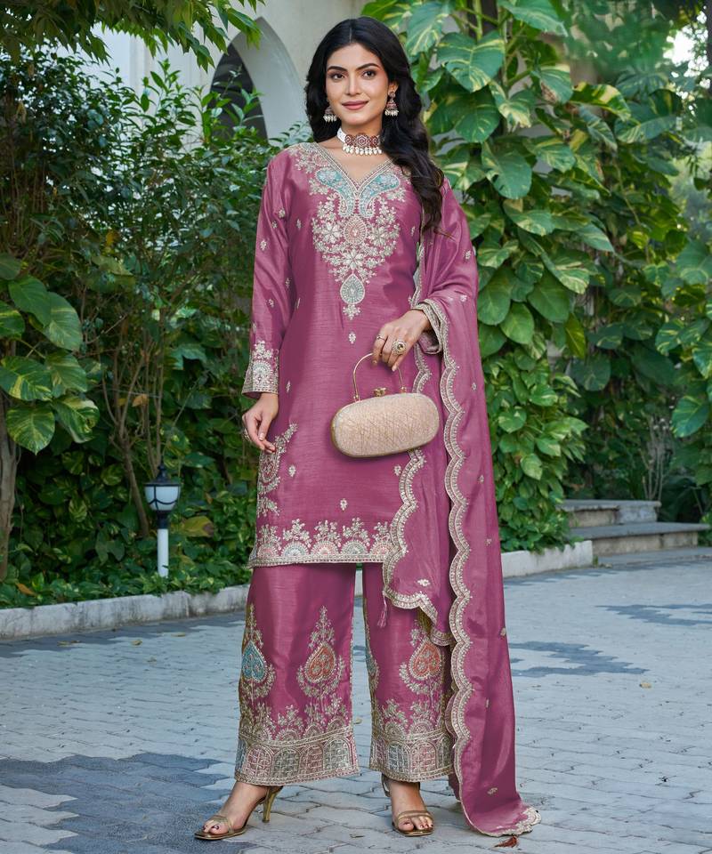 Pink embroidered chinon free size stitched palazzo style salwar suit