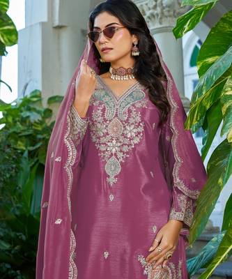 Pink embroidered chinon free size stitched palazzo style salwar suit 2