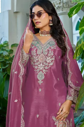 Pink embroidered chinon free size stitched palazzo style salwar suit