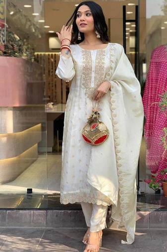 Women's white viscose sequin kurta set with embroidered chanderi silk dupatta