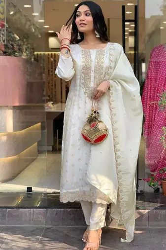 Women's white viscose sequin kurta set with embroidered chanderi silk dupatta