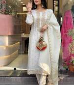 Women's white viscose sequin kurta set with embroidered chanderi silk dupatta
