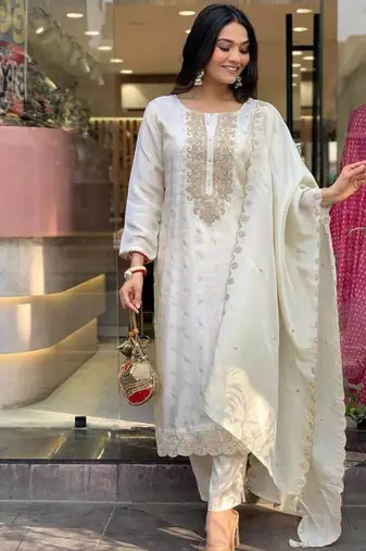 Women's white viscose sequin kurta set with embroidered chanderi silk dupatta