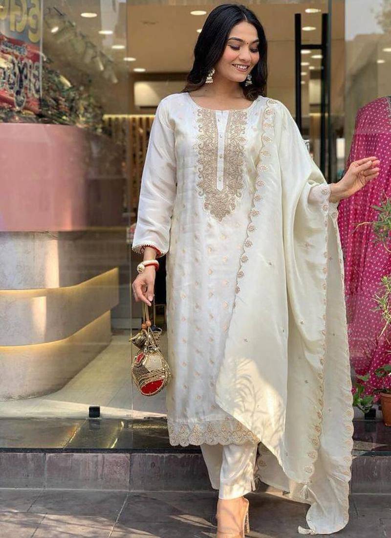 Women's white viscose sequin kurta set with embroidered chanderi silk dupatta