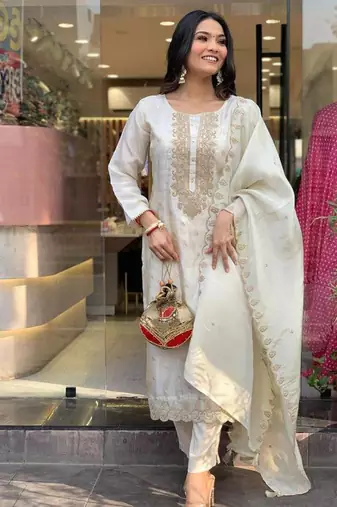 Women's white viscose sequin kurta set with embroidered chanderi silk dupatta