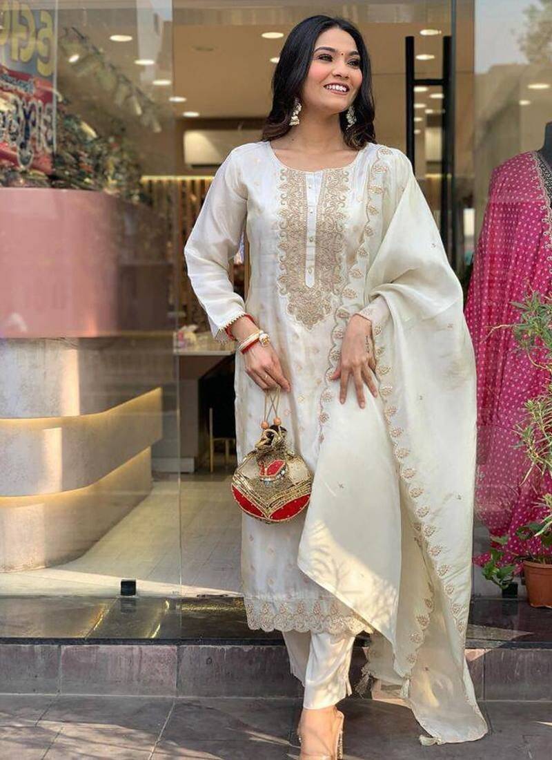 Women's white viscose sequin kurta set with embroidered chanderi silk dupatta