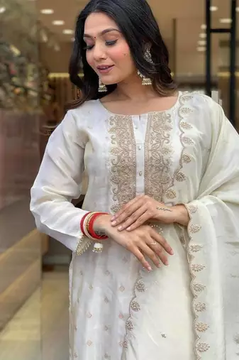Women's white viscose sequin kurta set with embroidered chanderi silk dupatta