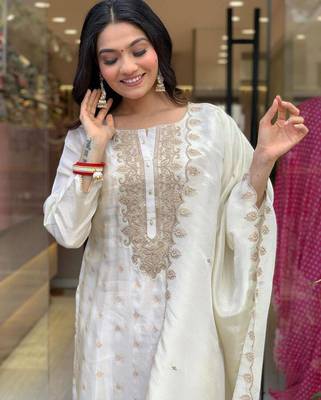 Women's white viscose sequin kurta set with embroidered chanderi silk dupatta 5
