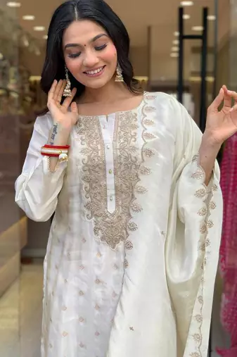 Women's white viscose sequin kurta set with embroidered chanderi silk dupatta
