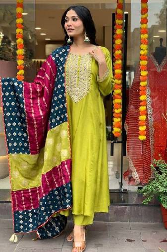 Lemon viscose chanderi sequin round neck kurta set with royal jacquard silk dupatta