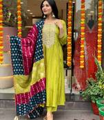 Lemon viscose chanderi sequin round neck kurta set with royal jacquard silk dupatta