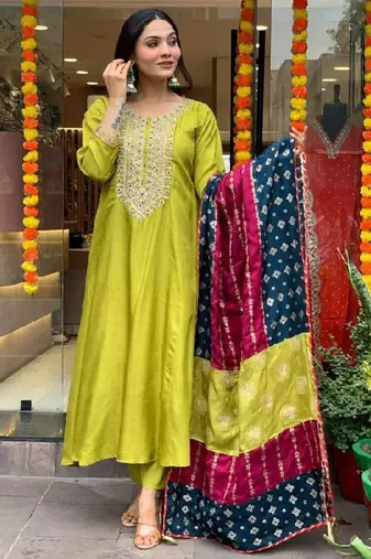 Lemon viscose chanderi sequin round neck kurta set with royal jacquard silk dupatta