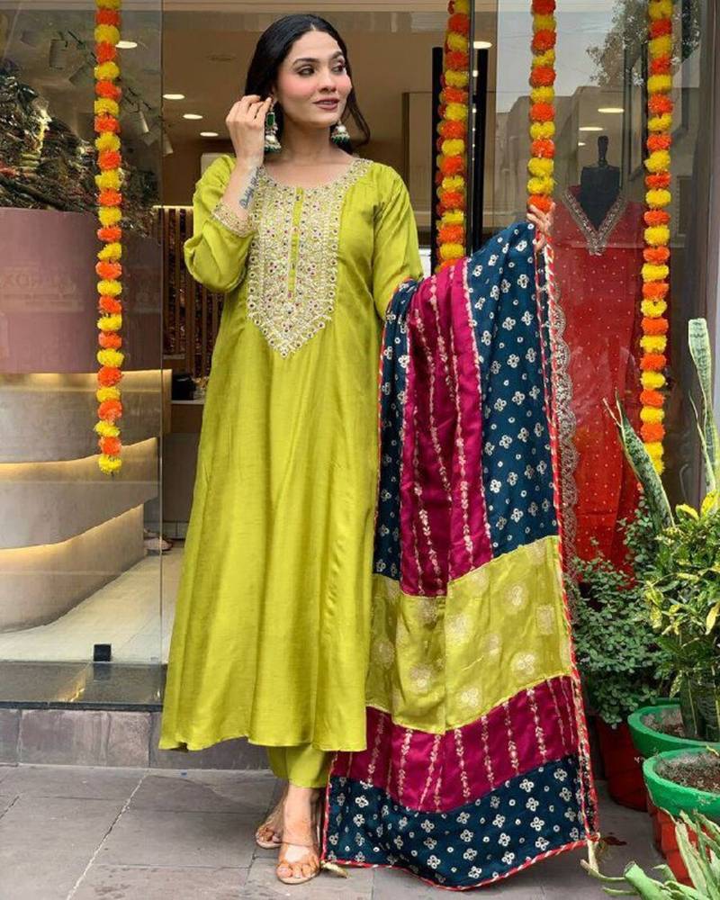 Lemon viscose chanderi sequin round neck kurta set with royal jacquard silk dupatta
