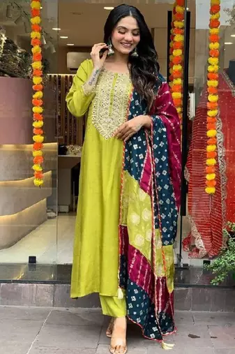 Lemon viscose chanderi sequin round neck kurta set with royal jacquard silk dupatta