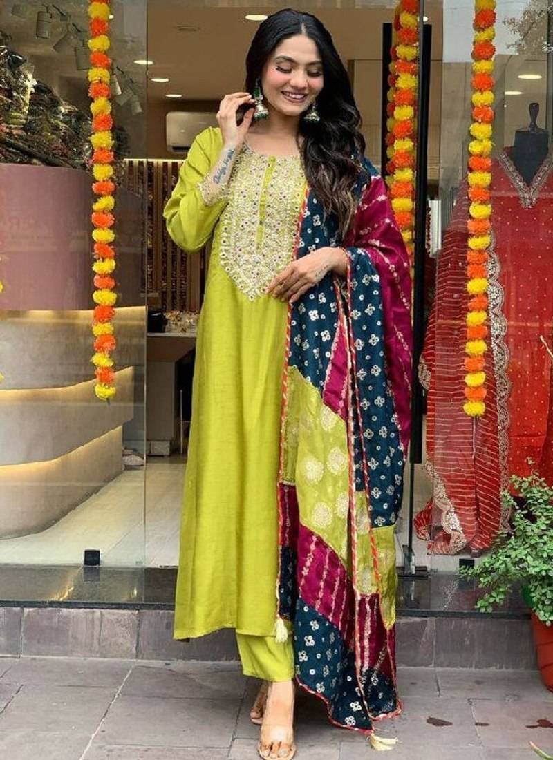 Lemon viscose chanderi sequin round neck kurta set with royal jacquard silk dupatta