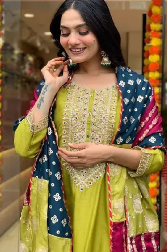Lemon viscose chanderi sequin round neck kurta set with royal jacquard silk dupatta