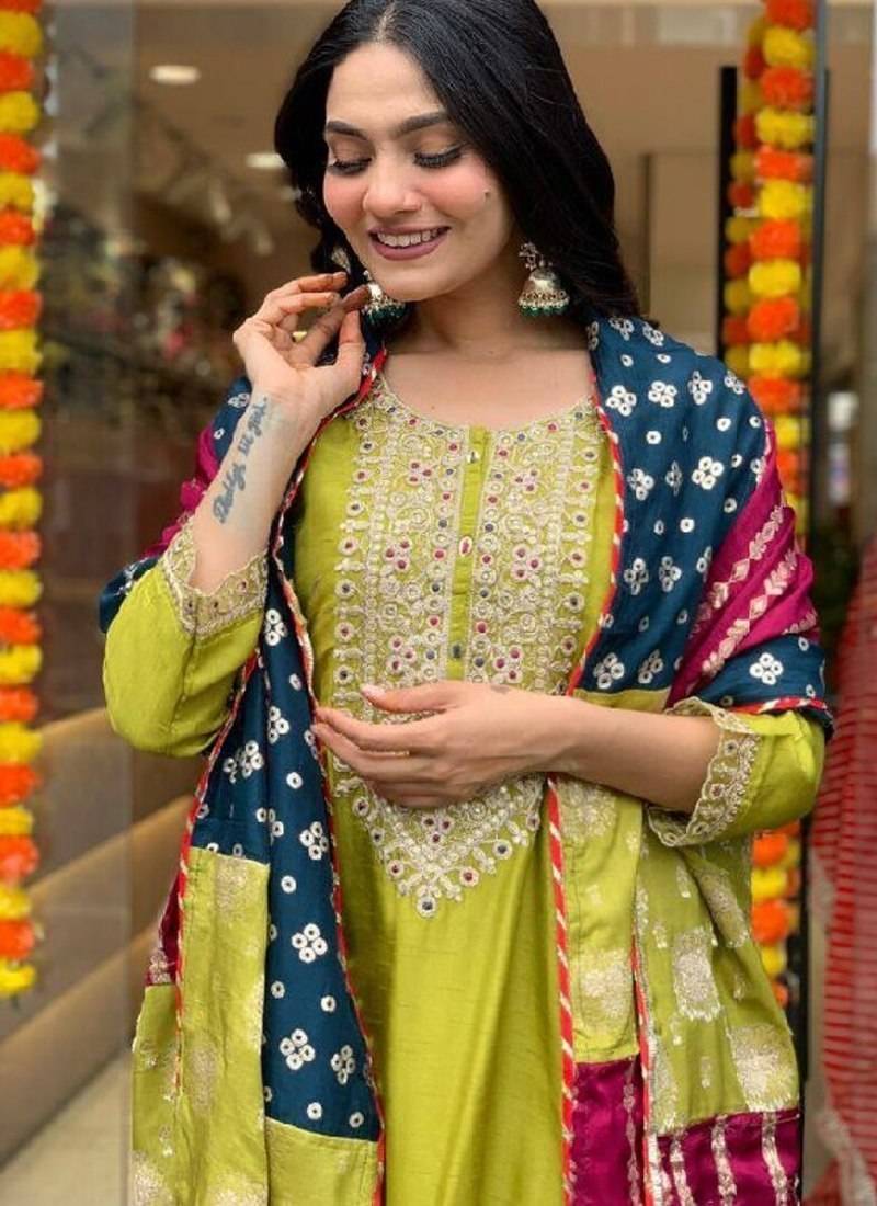 Lemon viscose chanderi sequin round neck kurta set with royal jacquard silk dupatta