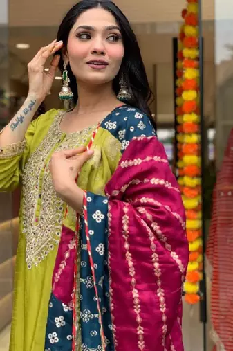 Lemon viscose chanderi sequin round neck kurta set with royal jacquard silk dupatta