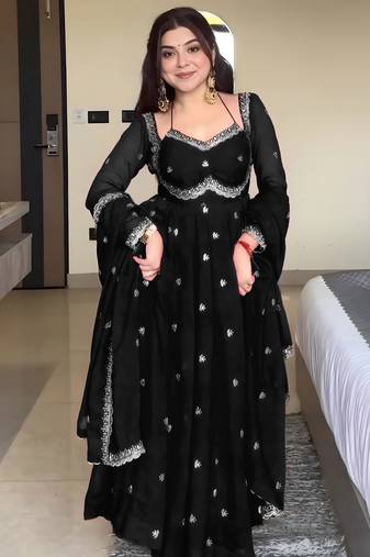 Black georgette sequin embroidery kurta pant set with embroidered georgette dupatta