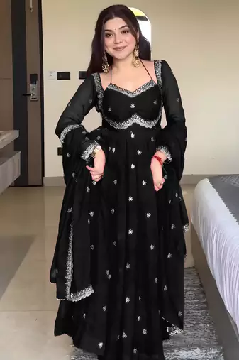 Black georgette sequin embroidery kurta pant set with embroidered georgette dupatta