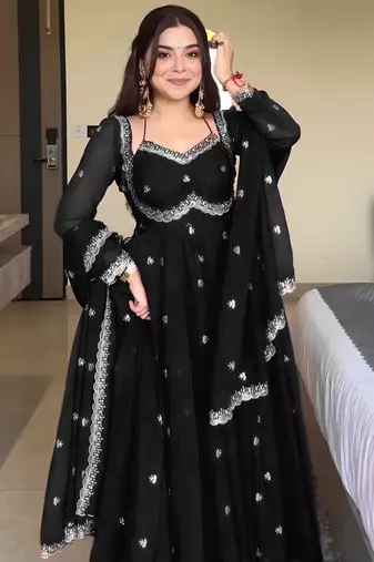 Black georgette sequin embroidery kurta pant set with embroidered georgette dupatta