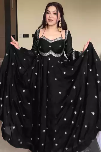 Black georgette sequin embroidery kurta pant set with embroidered georgette dupatta