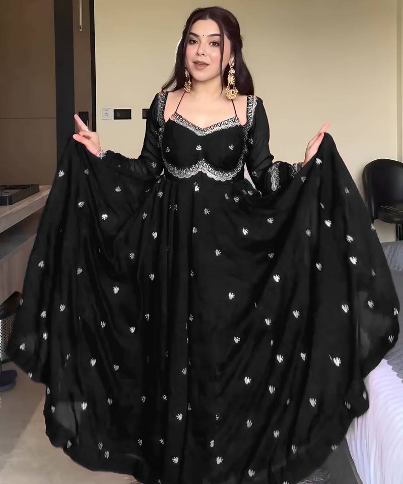 Black georgette sequin embroidery kurta pant set with embroidered georgette dupatta